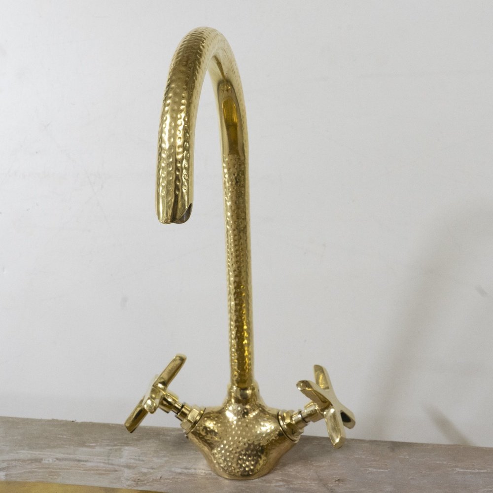 Gooseneck Bathroom Vanity Solid Brass Faucet, Unlacquered Brass with Flat  Cross
