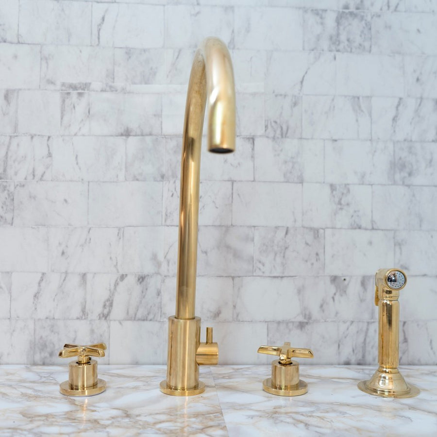 Unlacquered Brass 4 Holes Bathroom Faucet With Diverter - Brassna