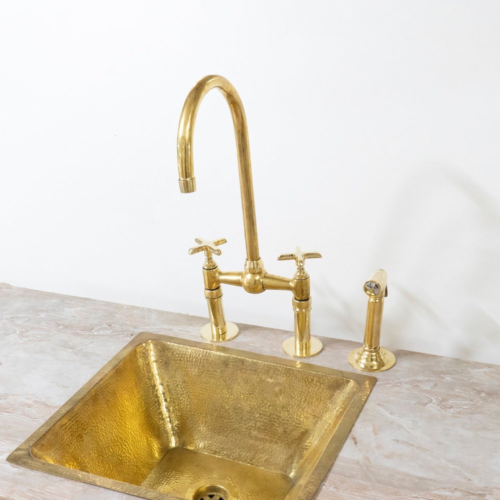 Unlacquered Brass Bridge Faucet With Hand Sprayer - Brassna