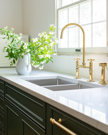 Gooseneck Kitchen Bridge Faucet With Flat Cross Handles, Brass Faucet with customizable spout reach and length Unlacquered Brass Kitchen Bridge Faucet