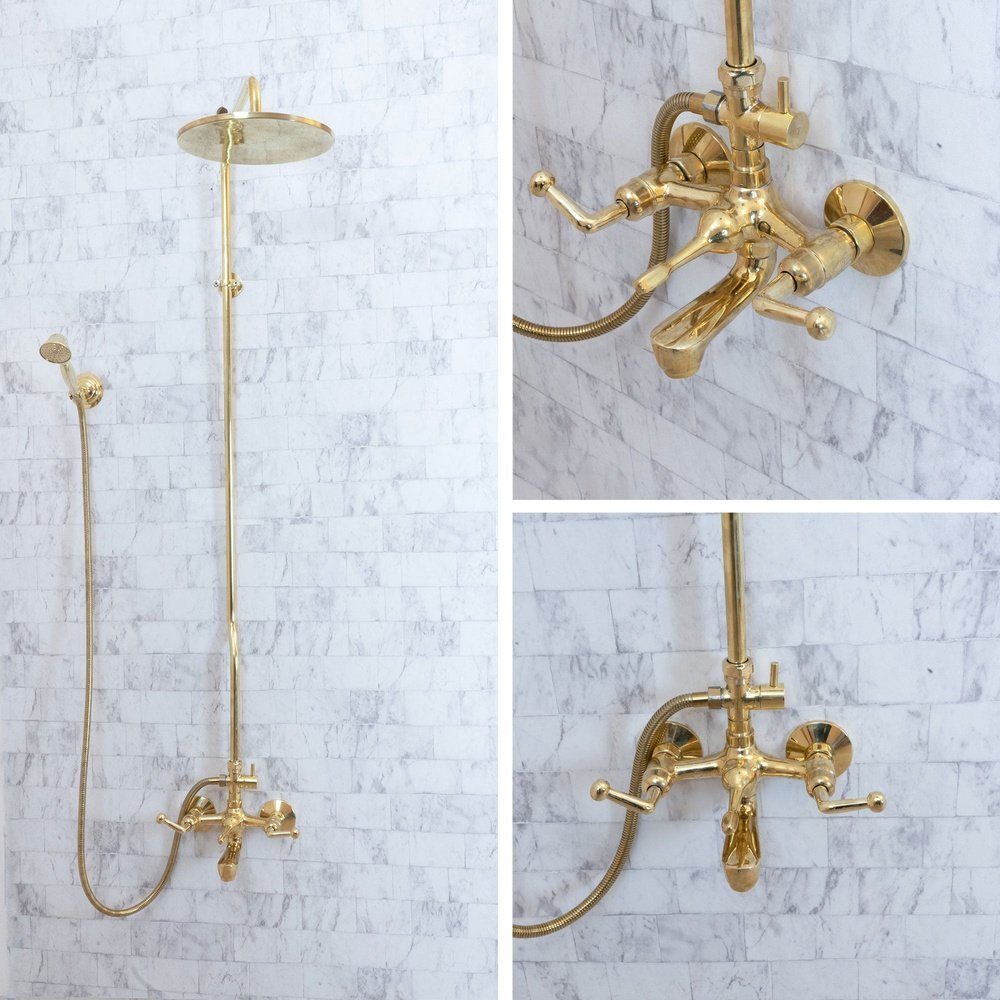 Unlacquered Brass Shower Set With Tub Filler Handheld And Head Shower