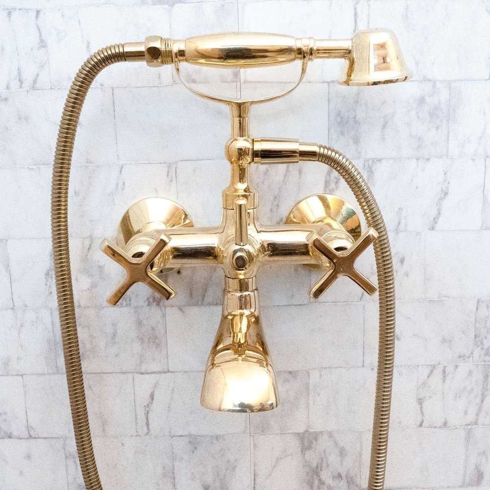 Unlacquered Brass Wall Mount Bath Tub Filler, Brass Bathroom Wall Mounted Bathtub  Faucet With Telephone Hand Shower