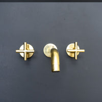 Unlacquered Brass Wall Mounted Faucet For Kitchen And Bathroom, Handcrafted Wall Mounted Faucet With Corss Handles Unlacquered Brass Kred Wall Mounted Faucet